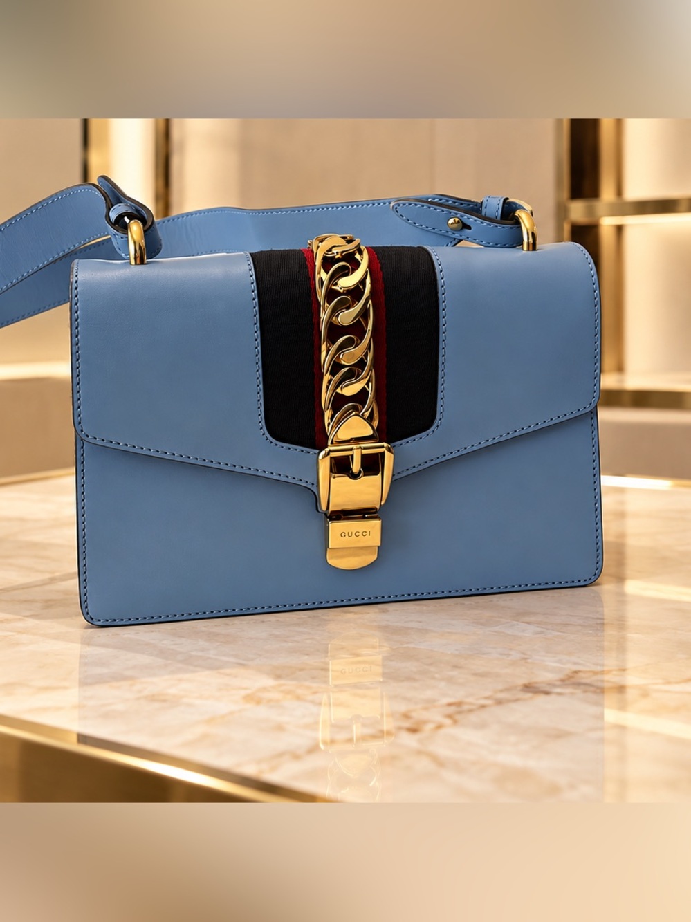 Gucci Sylvie Small Light Blue Leather Shoulder Bag Gold Chain Web Stripe